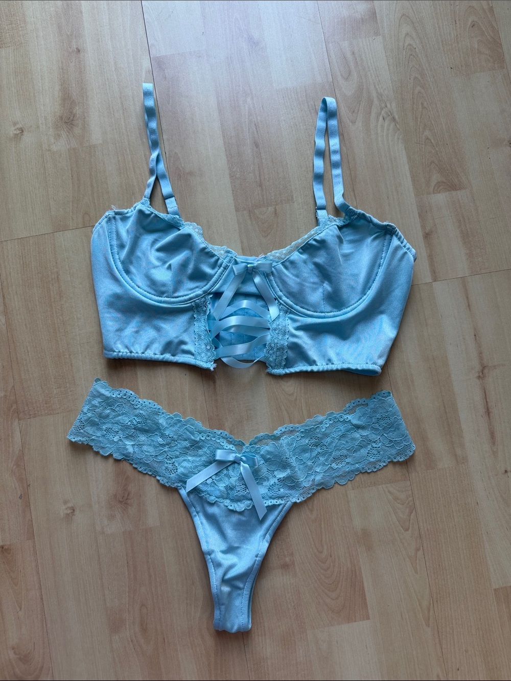 Light Blue Lace Trim Lingerie Set - Satin Bralette & Thong